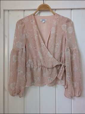 Express Floral Wrap Blouse With Long Sleeves And Side Tie | Peach Color Size S